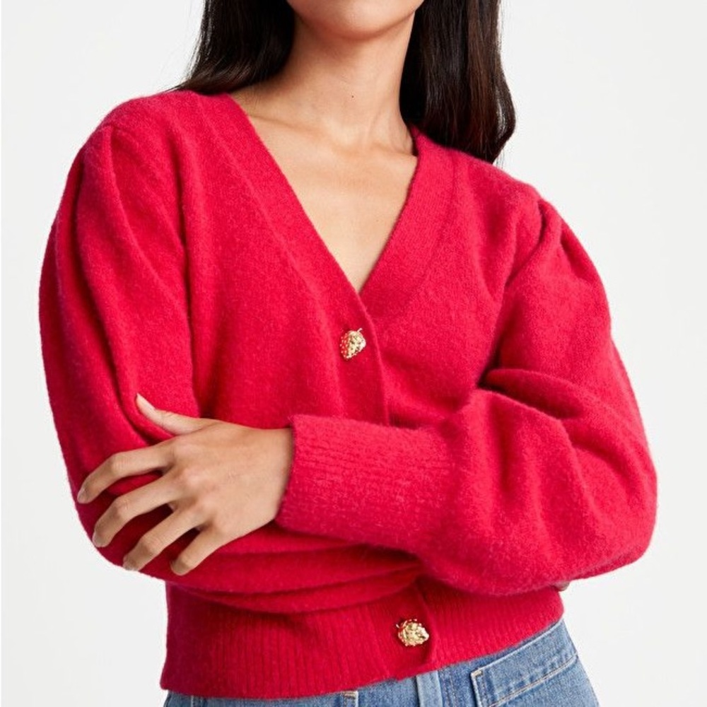 & Other Stories Playful Strawberry Knit Red Wool Puff Ribbed Sleeve Cardigan